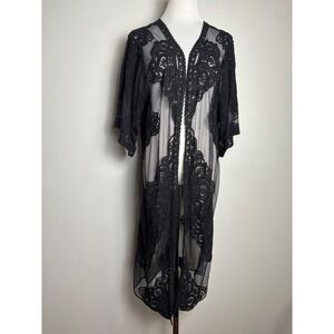 Sheer Black Mesh Lace Kimono Duster S/M Boho Festival Whimsigoth Fairy Grunge